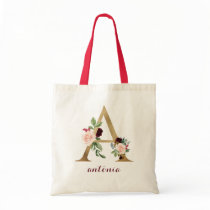 Floral Burgundy Gold Blush Personalized Letter "A" Tote Bag Floral Burgundy Gold Blush Personalized Letter "A" Tote Bag