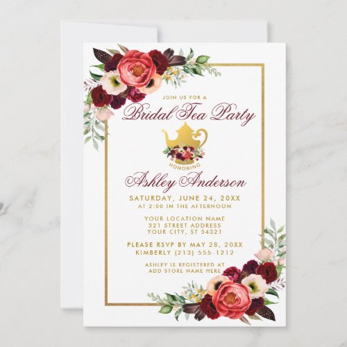 Floral Burgundy Gold Boho Bridal Shower Tea Party Invitation