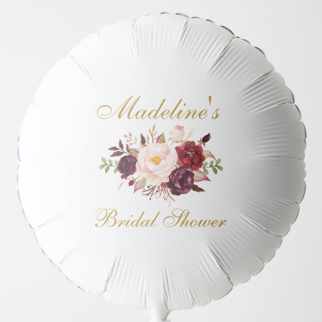 Floral Burgundy Gold Bridal Shower Helium Balloon (Front)