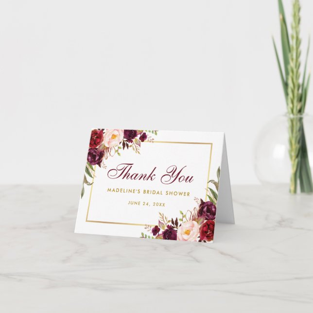 Floral Burgundy Gold Bridal Shower Thanks B Note Thank You Card (Front)