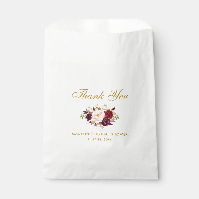Floral Burgundy Gold Bridal Shower Thanks Favor Bag (Front)