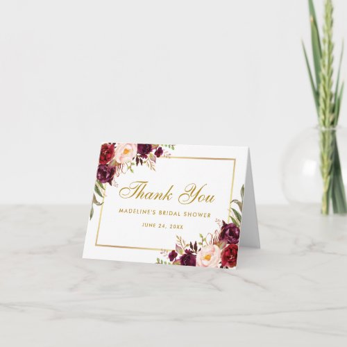 Floral Burgundy Gold Bridal Shower Thanks Note Thank You Card