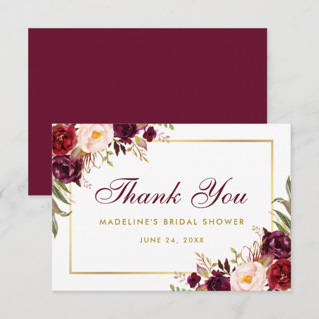 Floral Burgundy Gold Bridal Shower Thanks SB Invitation (Front/Back)