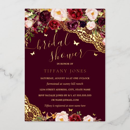 Floral Burgundy Gold Butterfly Lace Bridal Shower  Foil Invitation