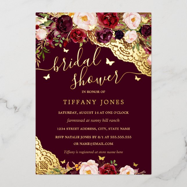 Floral Burgundy Gold Butterfly Lace Bridal Shower  Foil Invitation (Front)