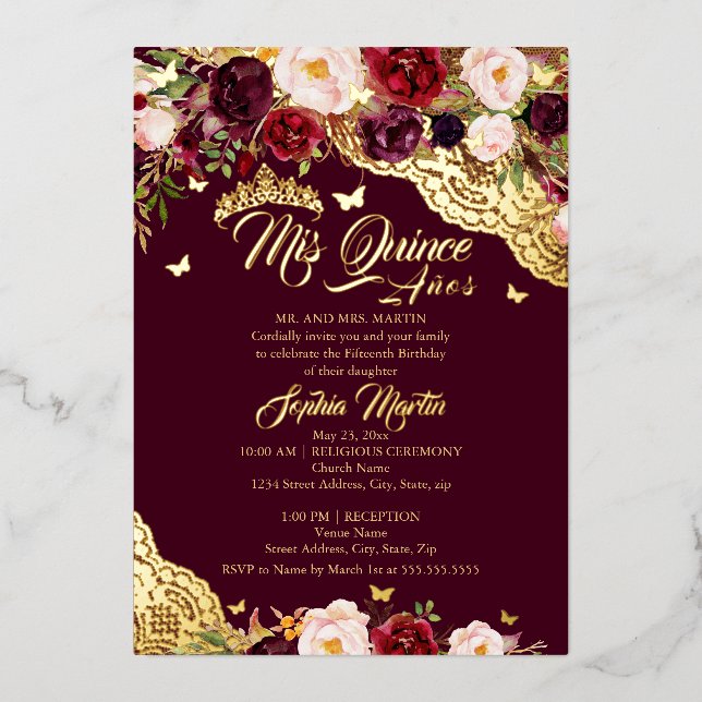 Floral Burgundy Gold Butterfly Lace Quinceanera Foil Invitation (Front)
