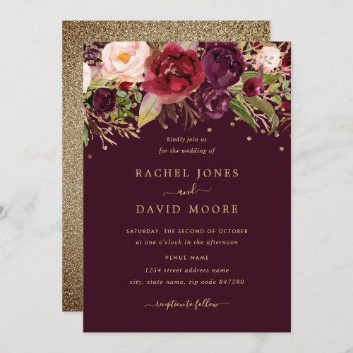 Floral Burgundy Gold Confetti Bridal Shower Invitation