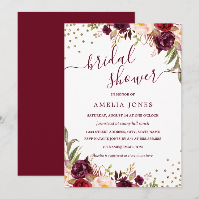 Floral Burgundy Gold Confetti Bridal Shower Invitation (Front/Back)