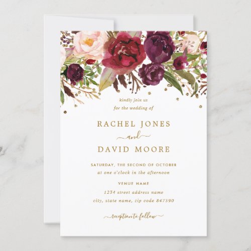 Floral Burgundy Gold Confetti Wedding Invitation