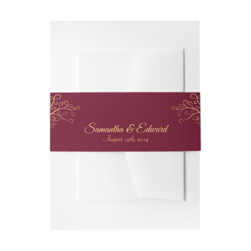 Floral Burgundy Gold Elegant Wedding Invitation Belly Band