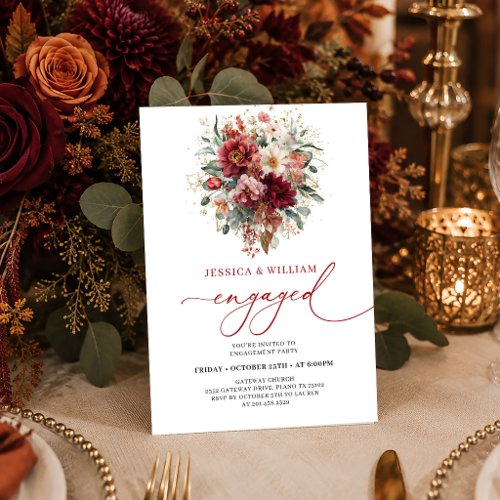 Floral Burgundy Gold Eucalyptus Autumn engagement Invitation