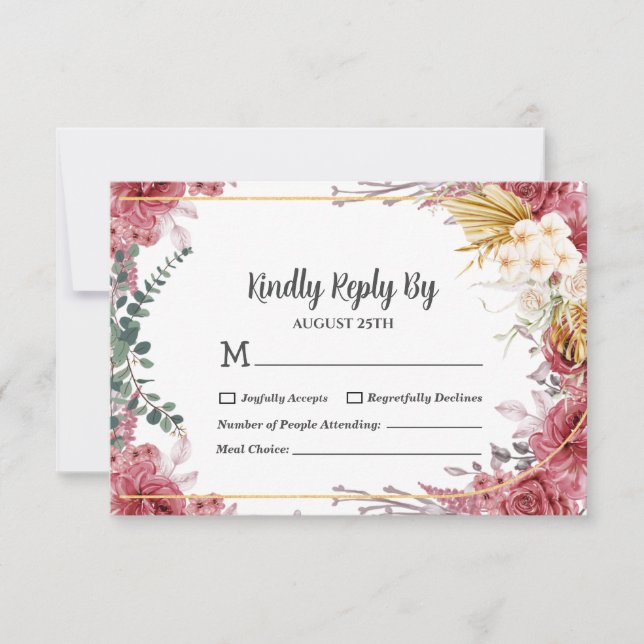 Floral Burgundy Gold Eucalyptus Wedding RSVP Card (Front)