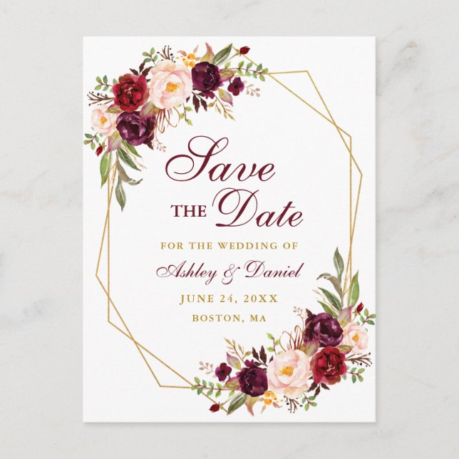 Floral Burgundy Gold Frame Save the Date Announcement Postcard (Front)