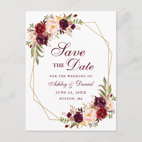 Floral Burgundy Gold Frame Save the Date Announcement Postcard