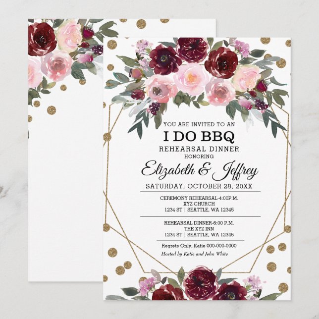 Floral Burgundy Gold Geometric Rehearsal Dinner  Invitation (Front/Back)