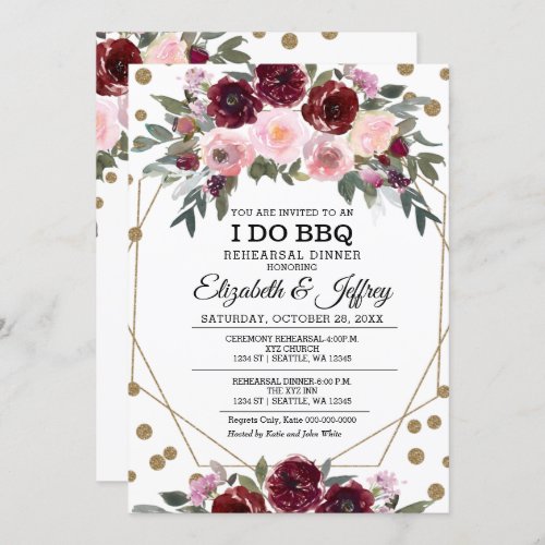 Floral Burgundy Gold Geometric Rehearsal Dinner  Invitation