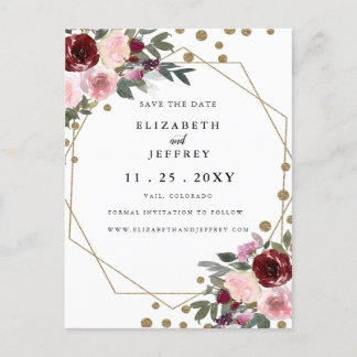 Floral Burgundy Gold Geometric Save The Date Announcement Postcard