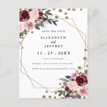 Floral Burgundy Gold Geometric Save The Date  Announcement Postcard