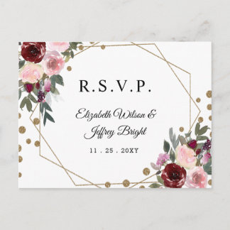 Floral Burgundy Gold Glitter Geometric RSVP Invitation Postcard