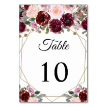 Floral Burgundy Gold Glitter Geometric Table Number