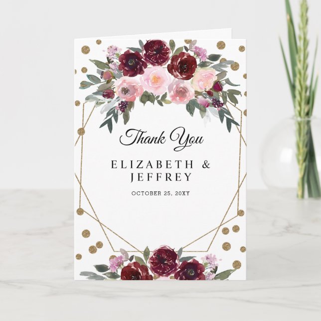 Floral Burgundy Gold Glitter Geometric Thank You  (Front)