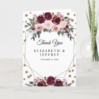 Floral Burgundy Gold Glitter Geometric Thank You 