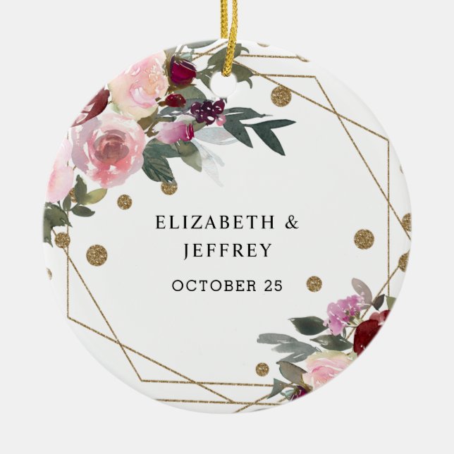 Floral Burgundy Gold Glitter Geometric Wedding  Ceramic Ornament (Front)