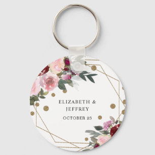 Floral Burgundy Gold Glitter Geometric Wedding Key Keychain