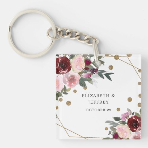 Floral Burgundy Gold Glitter Geometric Wedding Keychain