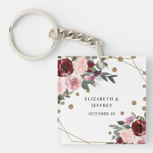 Floral Burgundy Gold Glitter Geometric Wedding Keychain (Front)
