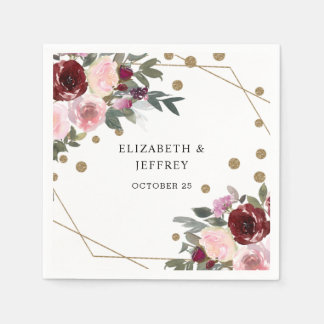 Floral Burgundy Gold Glitter Geometric Wedding  Napkins