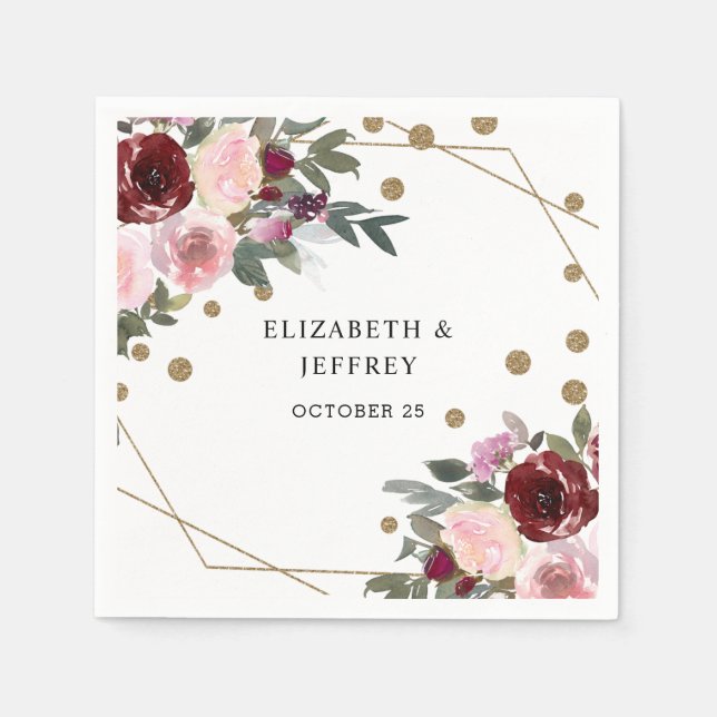 Floral Burgundy Gold Glitter Geometric Wedding  Napkins (Front)