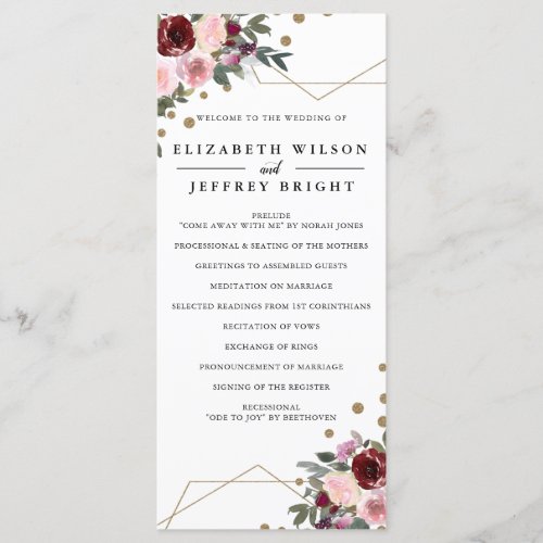 Floral Burgundy Gold Glitter Geometric Wedding Program