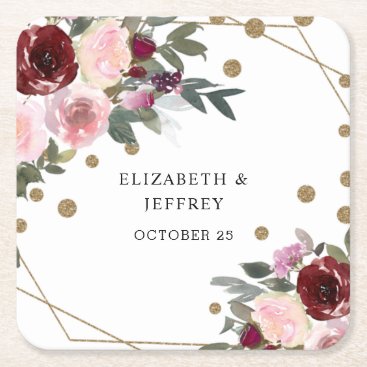 Floral Burgundy Gold Glitter Geometric Wedding  Square Paper Coaster