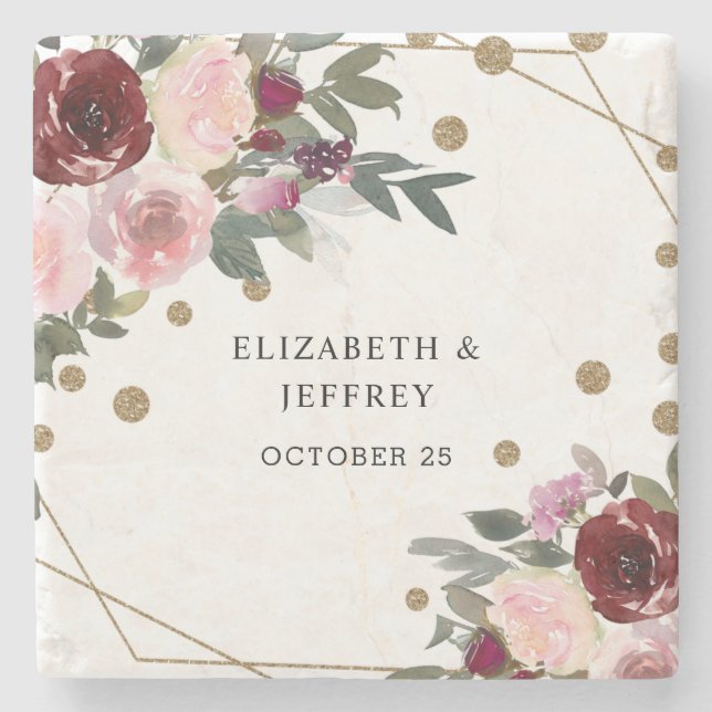 Floral Burgundy Gold Glitter Geometric Wedding  Stone Coaster (Front)