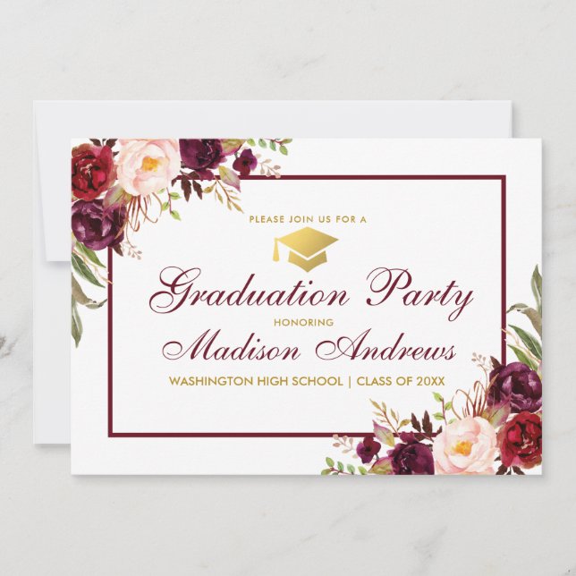 Floral Burgundy Gold Graduation Party Invite (Front)