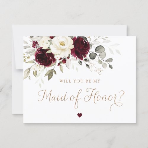 Floral Burgundy Gold Greenery Maid of Honor Card