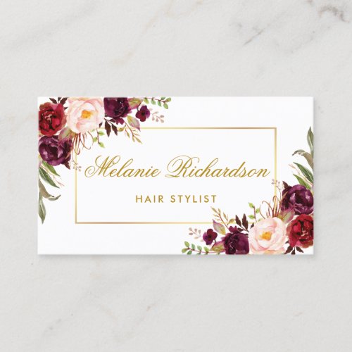 Floral Burgundy Gold Hair Stylist Appointment Card