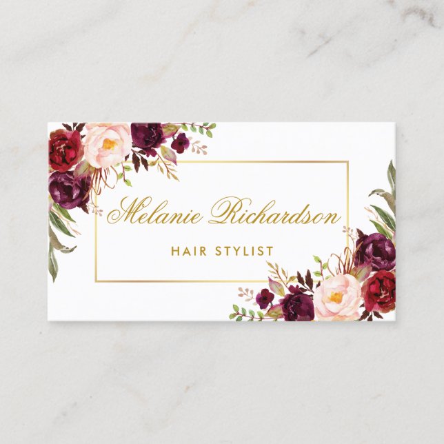 Floral Burgundy Gold Hair Stylist Appointment Card (Front)