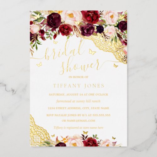 Floral Burgundy Gold Lace Butterfly Bridal Shower  Foil Invitation