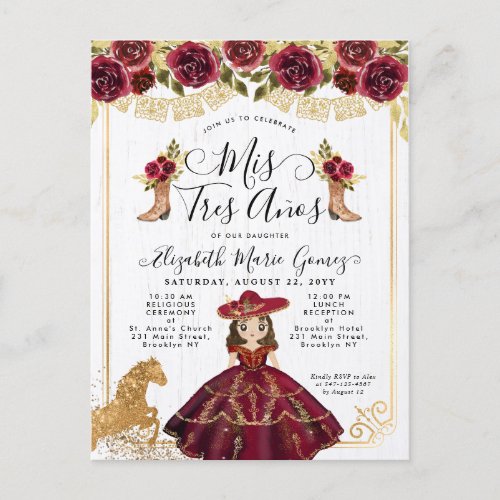 Floral Burgundy Gold Mini Princess Quinceanera Invitation Postcard