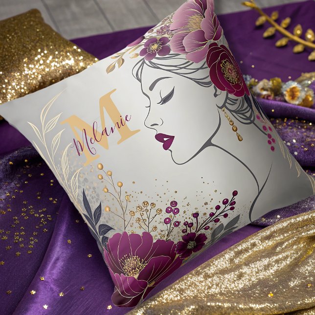 floral burgundy gold monogram throw pillow (Creator Uploaded)
