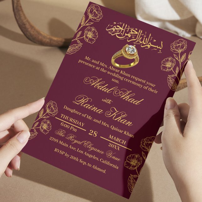Floral Burgundy Gold Muslim Islamic Engagement Invitation (Creator Uploaded)