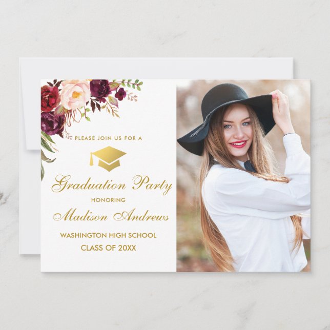 Floral Burgundy Gold Photo Graduation Party Invite (Front)