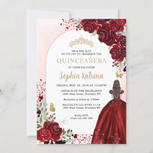 Floral Burgundy Gold Princess Birthday Quinceanera Invitation