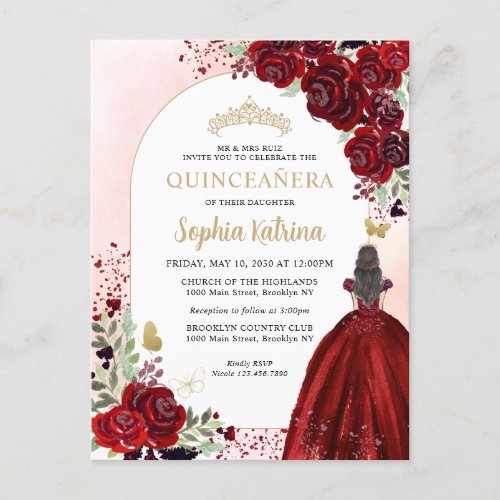 Floral Burgundy Gold Princess Birthday Quinceanera Invitation Postcard