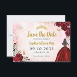 Floral Burgundy Gold Princess Birthday Quinceanera Save The Date<br><div class="desc">Floral Burgundy Red Maroon Gold Princess Gown Dress Glitter Sparkle Tiara Crown Butterfly 15th Birthday Quinceanera Save the Date</div>