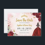 Floral Burgundy Gold Princess Birthday Quinceanera Save The Date<br><div class="desc">Floral Burgundy Red Maroon Gold Princess Gown Dress Glitter Sparkle Tiara Crown Butterfly 15th Birthday Quinceanera Save the Date</div>