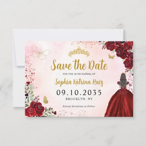 Floral Burgundy Gold Princess Birthday Quinceanera Save The Date