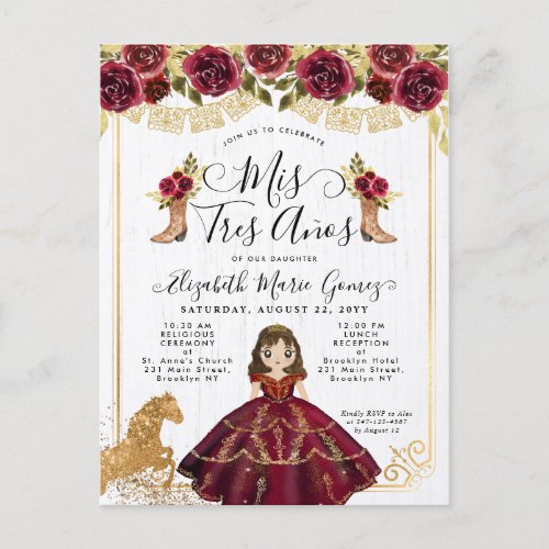 Floral Burgundy Gold Princess Mis 3 Aos Birthday Invitation Postcard